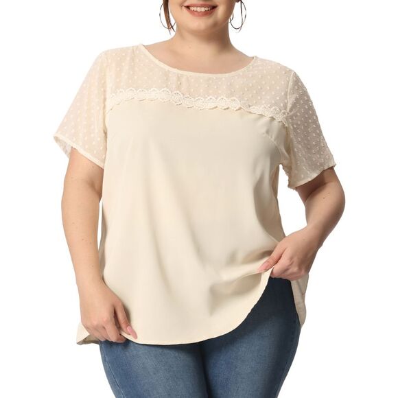Plus Size Tops Round Neck Short Sleeves Polka Dots Lace Panel Blouses Beige - Picture 1 of 6